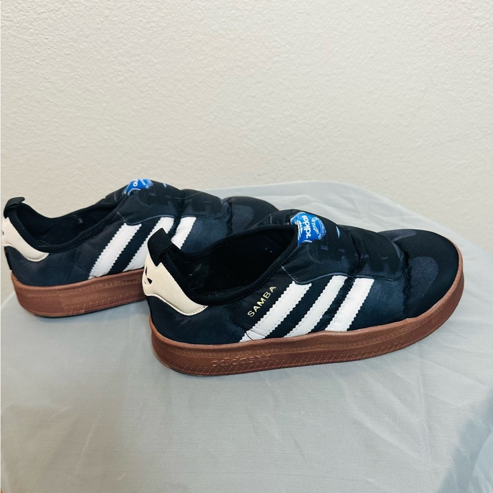 Adidas Black and White ‘Puffy Slipper’ Sneakers with Gum Sole